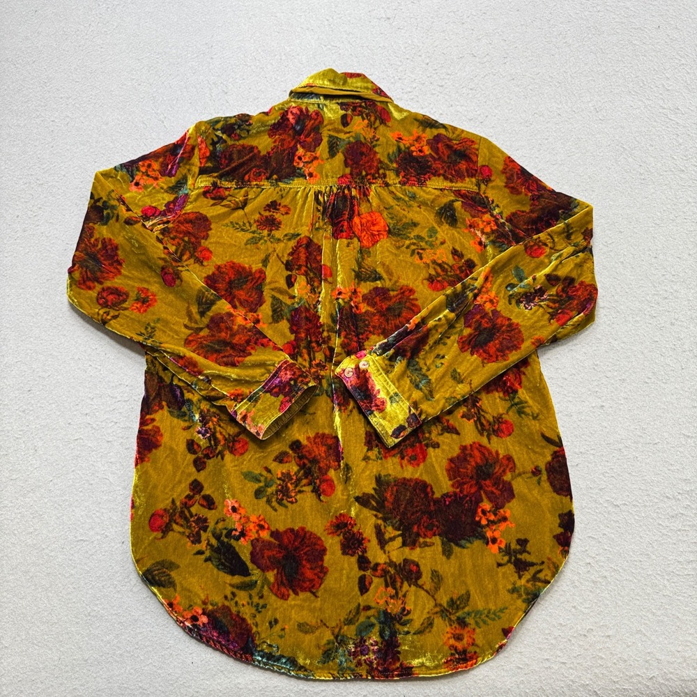 Pilcro Anthropologie Shirt Women's XS Yellow Floral Velvet Button Down Bohemian - Picture 2 of 5